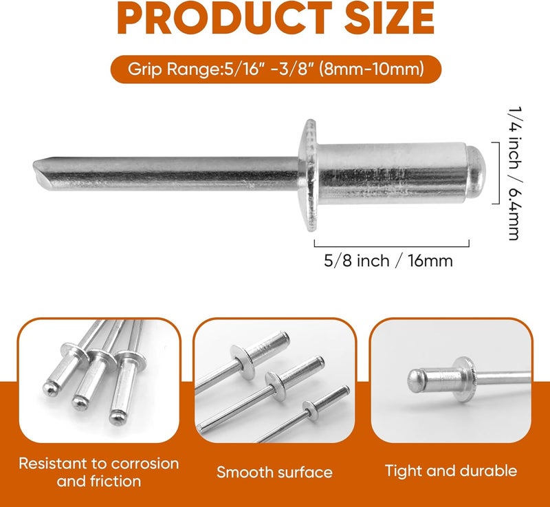 ALLCLEAN 75 Pcs 1/4" x 5/8" Aluminum Blind Rivets,6.4 x 16mm Pop Rivets,Aluminum Grip and Steel Mandrel - Image 2